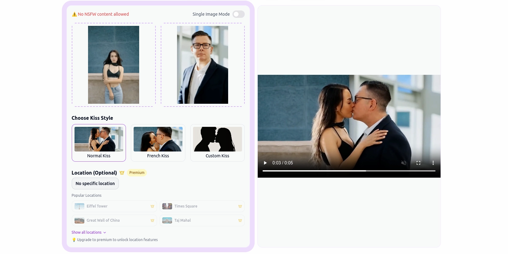 Скриншот ИИ-сервиса AI Kissing Video Generator