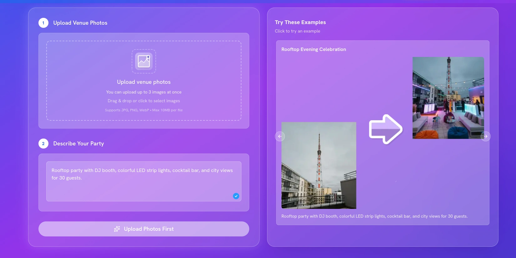 Скриншот ИИ-сервиса AI Party Planner