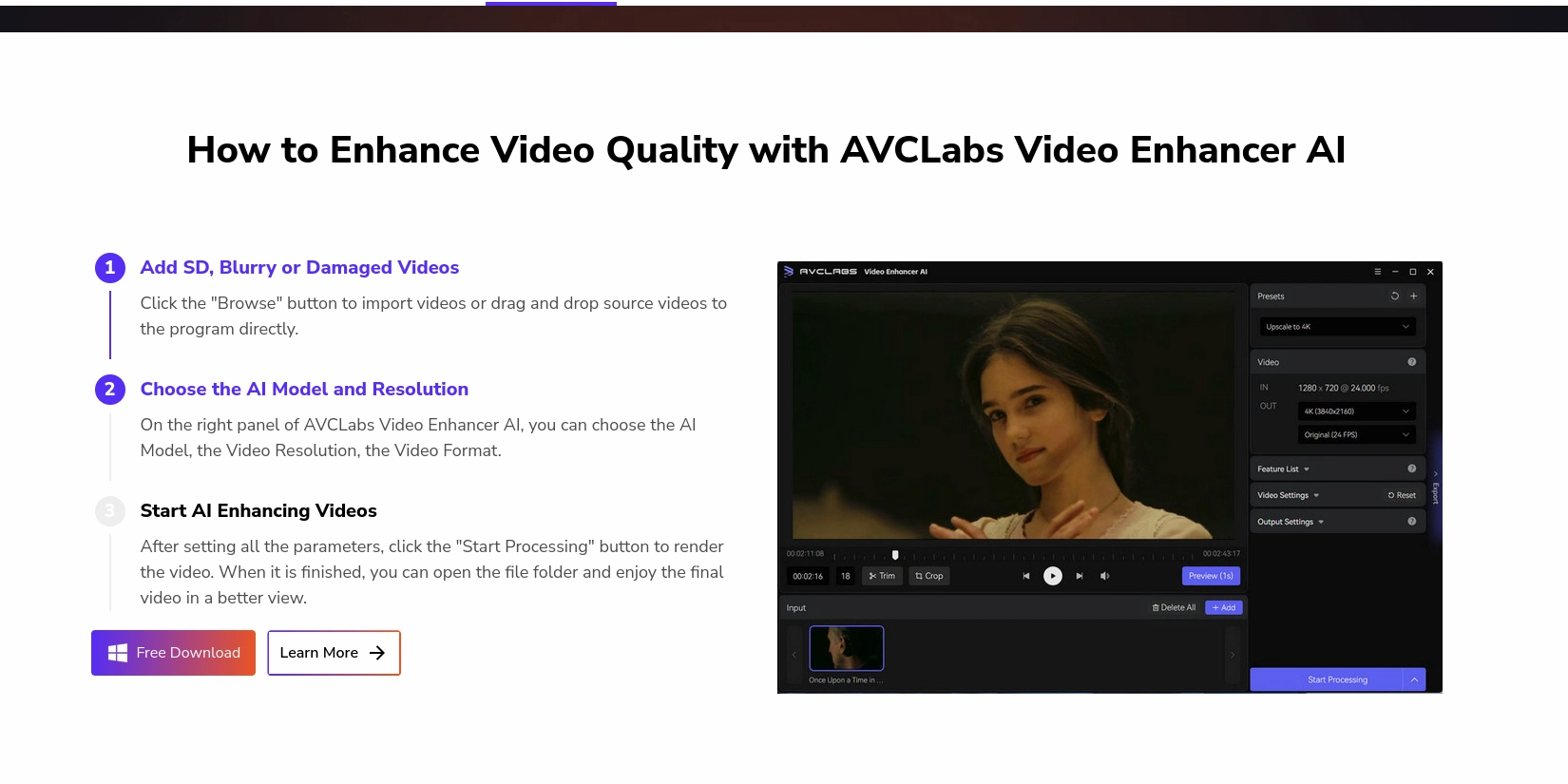 Скриншот ИИ-сервиса AVCLabs Video Enhancer