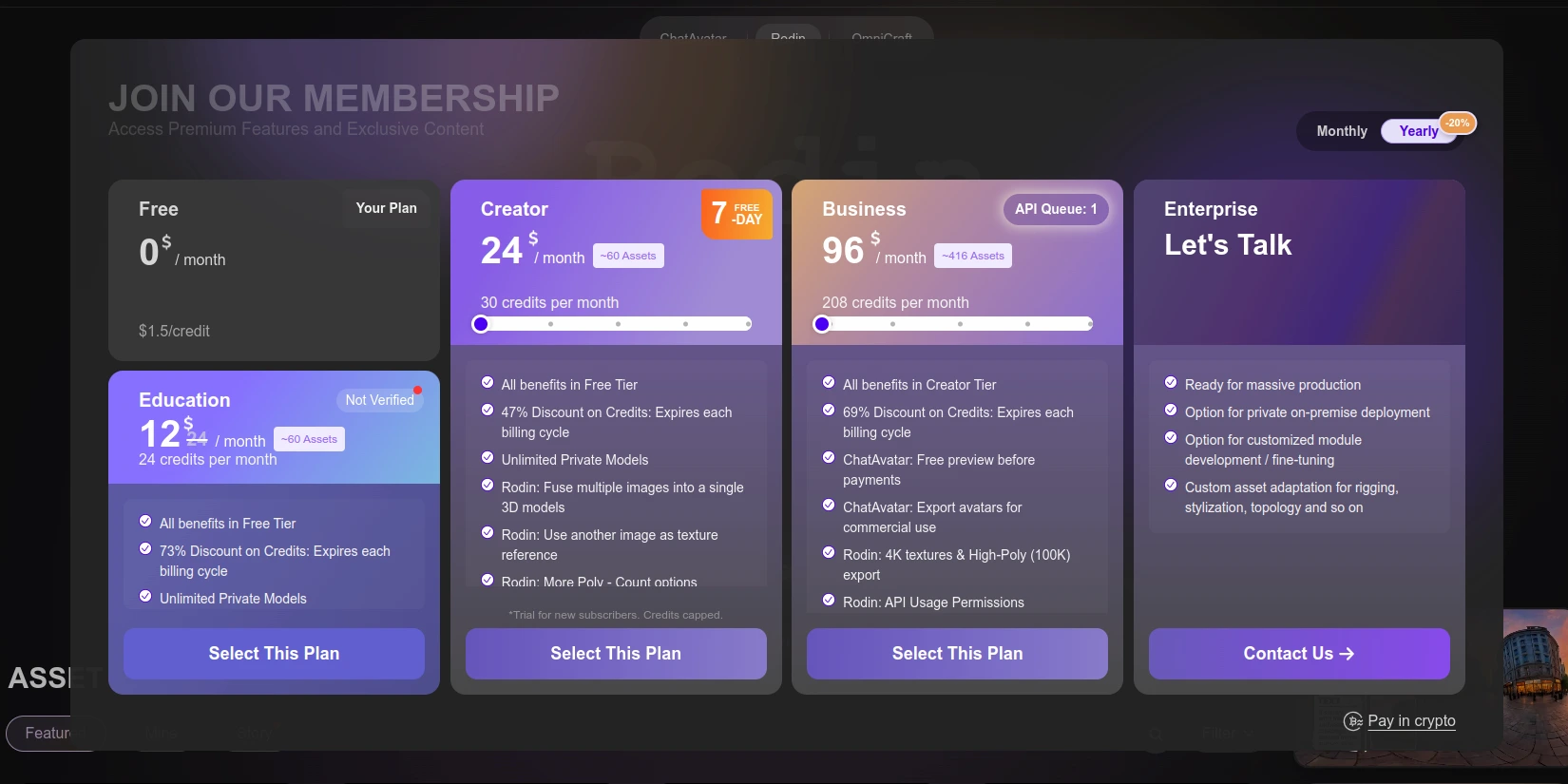 Стоимость тарифов Rodin 3D