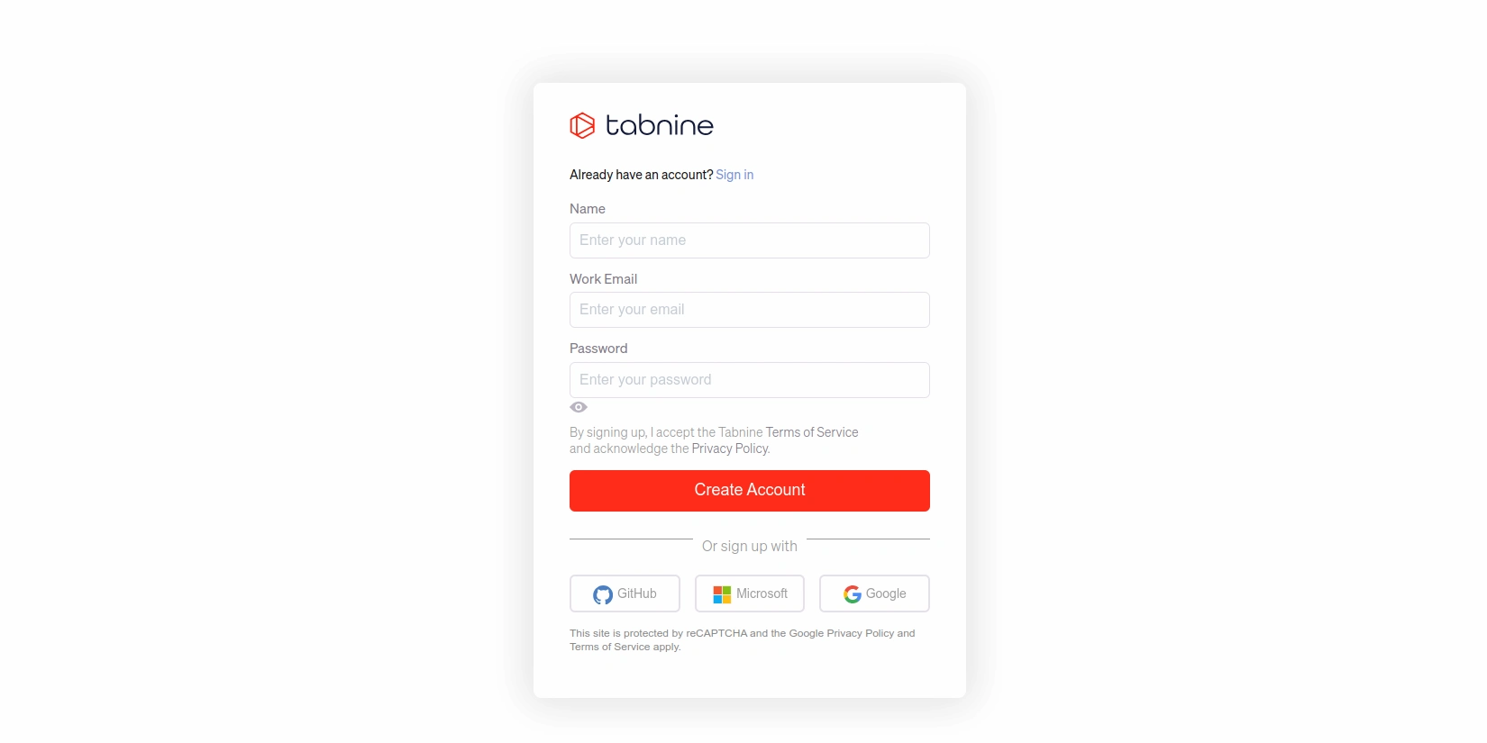 Регистрация на сайте Tabnine