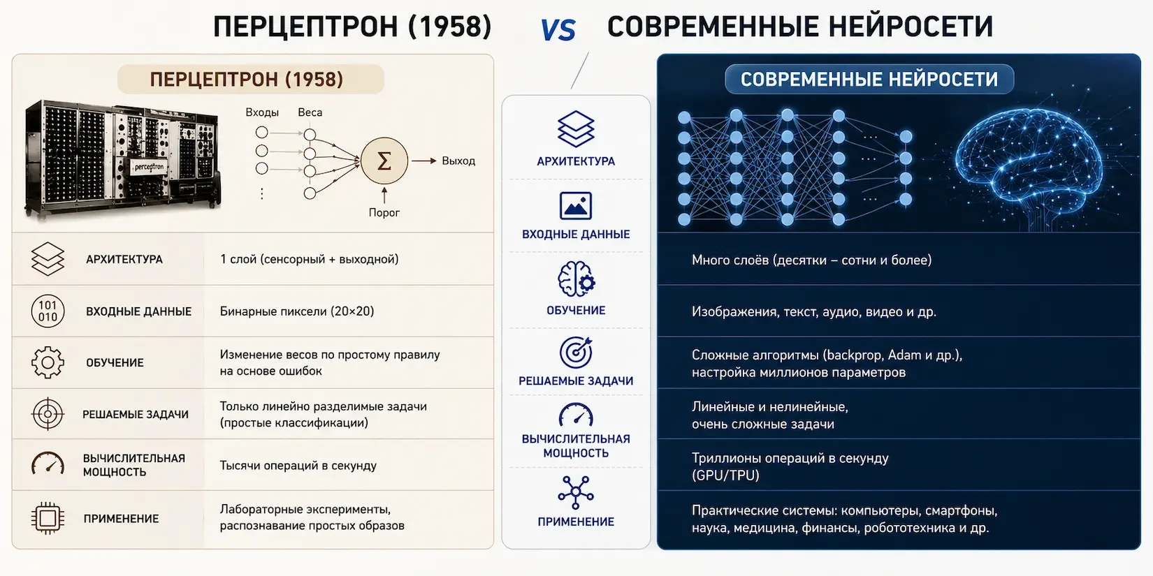 отличие первой нейросети от современных